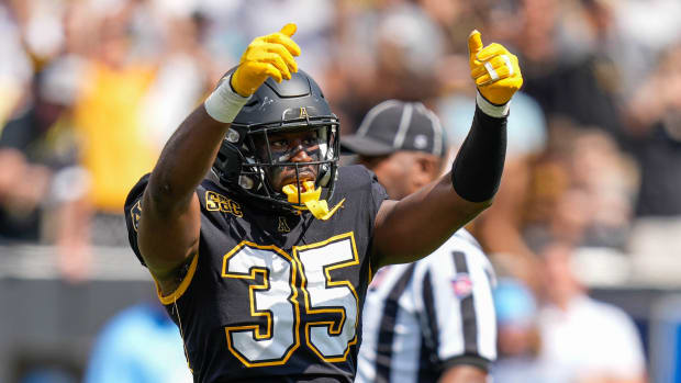Sep 3, 2022; Boone, North Carolina, USA; Appalachian State Mountaineers linebacker Jalen McLeod (35) during game action between the Appalachian State Mountaineers and the North Carolina Tar Heels at Kidd Brewer Stadium. Mandatory Credit: Jim Dedmon-USA TODAY Sports